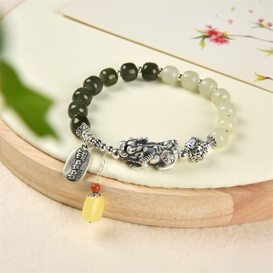 Jade 925 Sterling Silver Natural Hetian Jade Amber PiXiu Luck Bracelet
