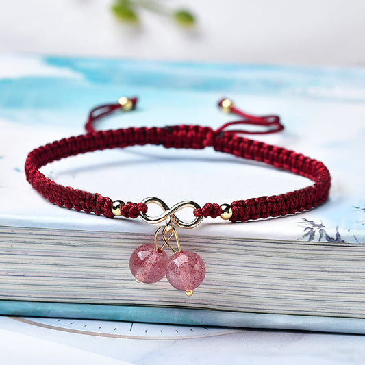 Ancient Tibetan Buddhist Red String Tradition Natural Strawberry Quartz Amethyst Green Phantom Bead Positive Bracelet