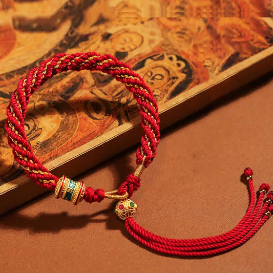 Ancient Tibetan Buddhist Red String Tradition Tibetan Handmade Luck Thangka Prayer Wheel Charm Weave String Bracelet