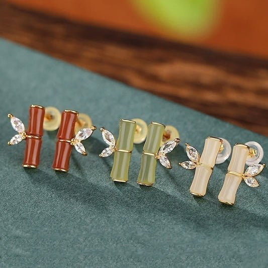 Jade 925 Sterling Silver Hetian Cyan Jade White Jade Red Agate Bamboo Pattern Luck Stud Earrings