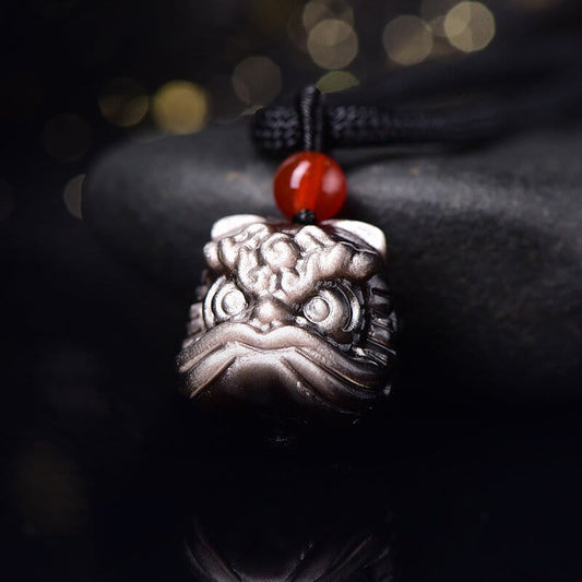 Spirituality Buddha Karma Natural Silver Sheen Obsidian Dancing Lion Protection Necklace Pendant