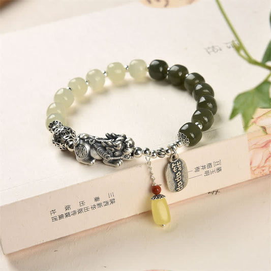 Jade 925 Sterling Silver Natural Hetian Jade Amber PiXiu Luck Bracelet