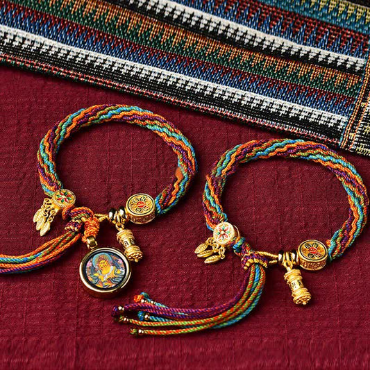 Ancient Tibetan Buddhist Red String Tradition Tibetan Luck Reincarnation Knot Prayer Wheel Dream Catcher Braid String Bracelet