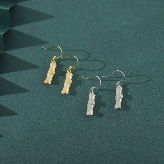 Jade 925 Sterling Silver Hetian Jade Chrysoberyl Cat Eye Red Agate Bamboo Luck Drop Earrings