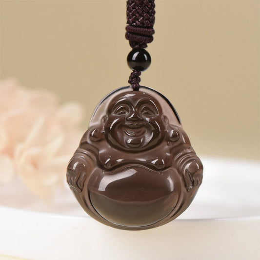 Spirituality Buddha Karma Natural Black Obsidian Ice Obsidian Laughing Buddha Purification Necklace Pendant
