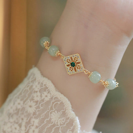 Jade Natural Hetian Jade Bead Square Pattern Luck Chain Bracelet