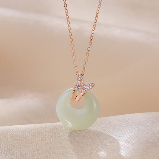 Jade 925 Sterling Silver Natural Hetian Jade Zircon Butterfly Luck Necklace Pendant