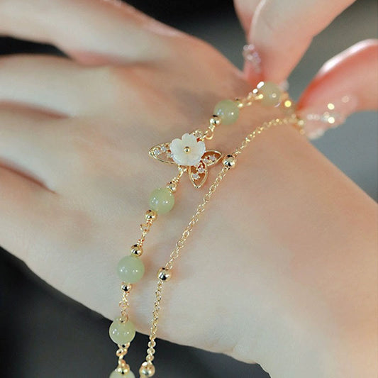 Jade 14K Gold Plated Jade Butterfly Tridacna Stone Flower Double Layer Luck Bracelet