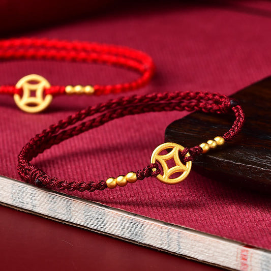 Ancient Tibetan Buddhist Red String Tradition Copper Coin Strength Braided String Bracelet Anklet