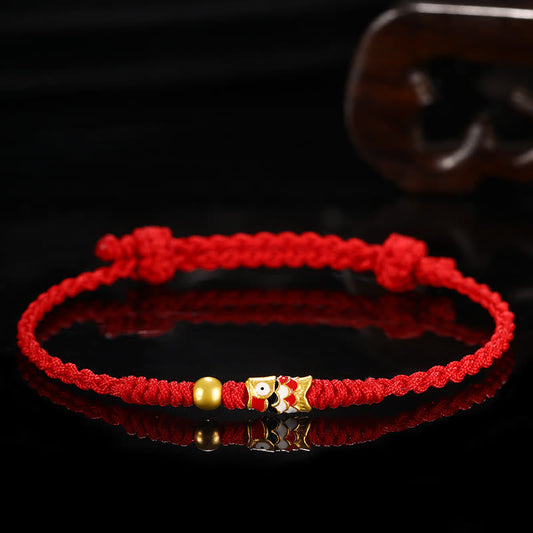 Ancient Tibetan Buddhist Red String Tradition 999 Gold Luck Koi Fish Handcrafted Braided String Bracelet