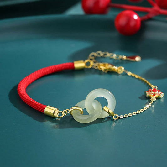 Ancient Tibetan Buddhist Red String Tradition 925 Sterling Silver Hetian Jade Double Peace Buckle Lotus Luck Bracelet