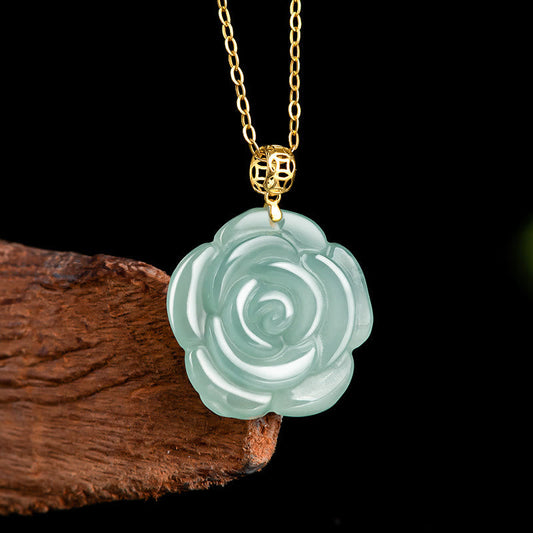 Jade 18K Gold 925 Sterling Silver Natural Jade Rose Luck Necklace Pendant
