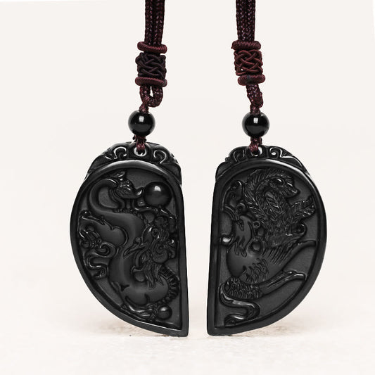 Spirituality Buddha Karma Black Obsidian Love Dragon Phoenix Protection Necklace Pendant