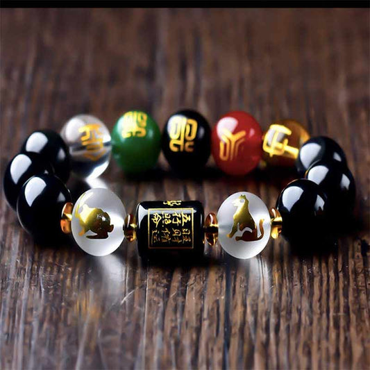Spirituality Buddha Karma Chinese Zodiac Feng Shui Obsidian Five-Element Wealth Porsperity Bracelet