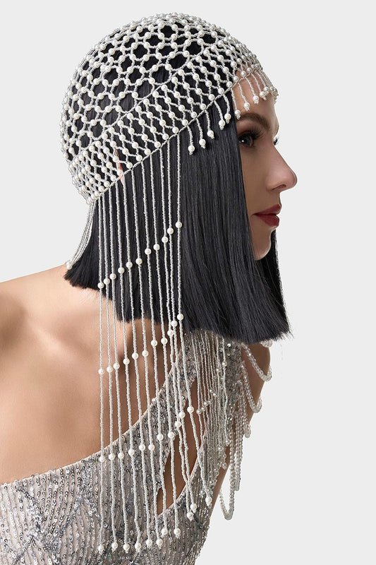 1920s Pearl Flapper Cap Headpiece Roaring 20s Gatsby Pearl Head Chain