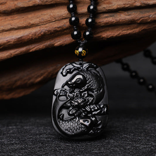 Spirituality Buddha Karma Natural Black Obsidian Koi Fish Lotus Strength Beaded Necklace Pendant