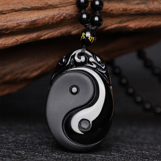 Spirituality Buddha Karma Natural Black Obsidian Yin Yang Fulfilment Strength Necklace Pendant
