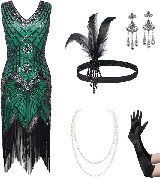 1920s Flapper Dress V Neck Sequin Beaded Dress Roaring 20s Gatsby Fringe Party Dress