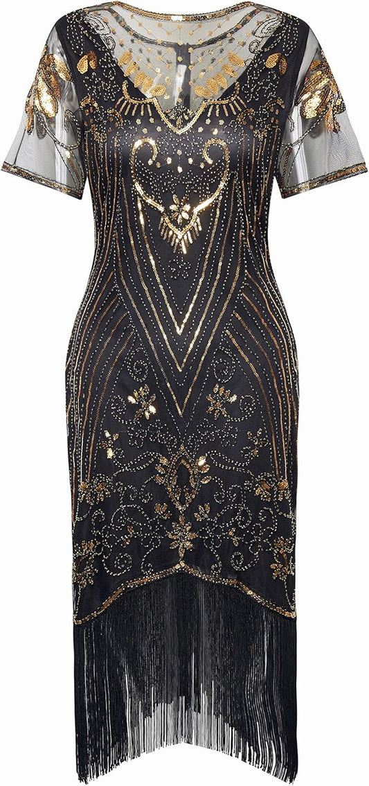 Flapper Dresses 1920s Gatsby - Roaring 20s Sequin Beaded Dress Set Fringe Dress
