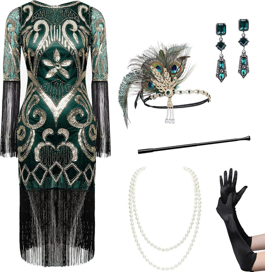 1920s Flapper Dress Set Long Fringe Gatsby Dress Roaring 20s Sequin Beaded Dress Vintage Art Deco Dress