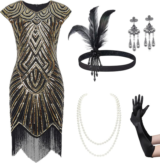 1920s Flapper Dresses Set 20s Great Gatsby Dress 1920s Fringed Dress with Accessories Set