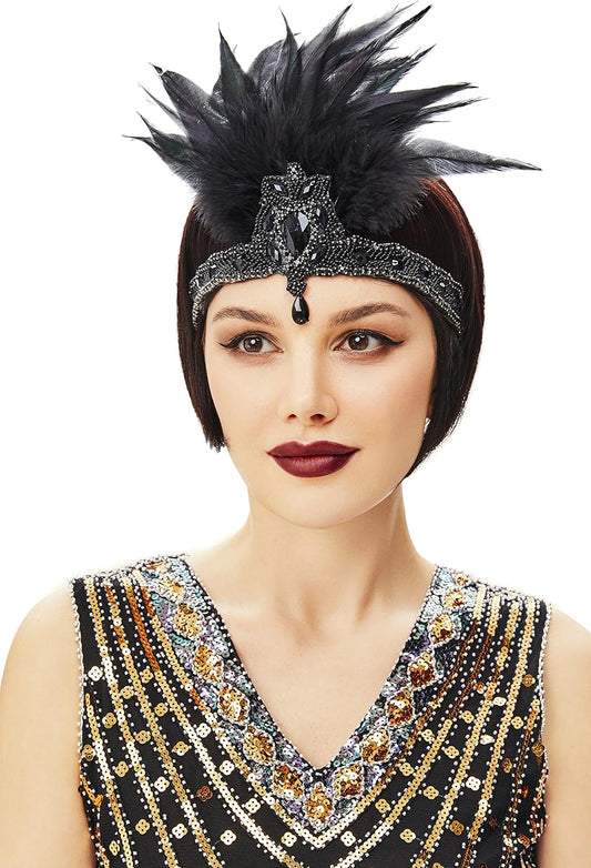 1920s Headpiece Flapper Headband - Roaring 20s Crystal Showgirl Hair Band Gatsby Headband with Feather