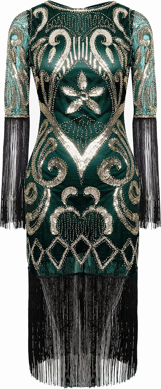 1920s Flapper Dress Set Long Fringe Gatsby Dress Roaring 20s Sequin Beaded Dress Vintage Art Deco Dress