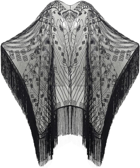 1920s Sequin Beaded Shawl Wraps Fringed Evening Cape Scarf for Wedding