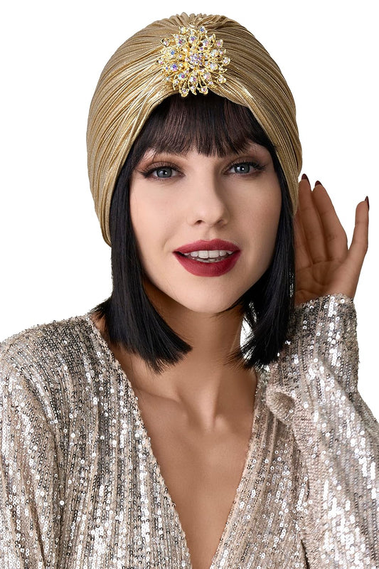 Women's Turban Hat with Crystal Vintage Head Wrap Knit Pleated Turban Gold