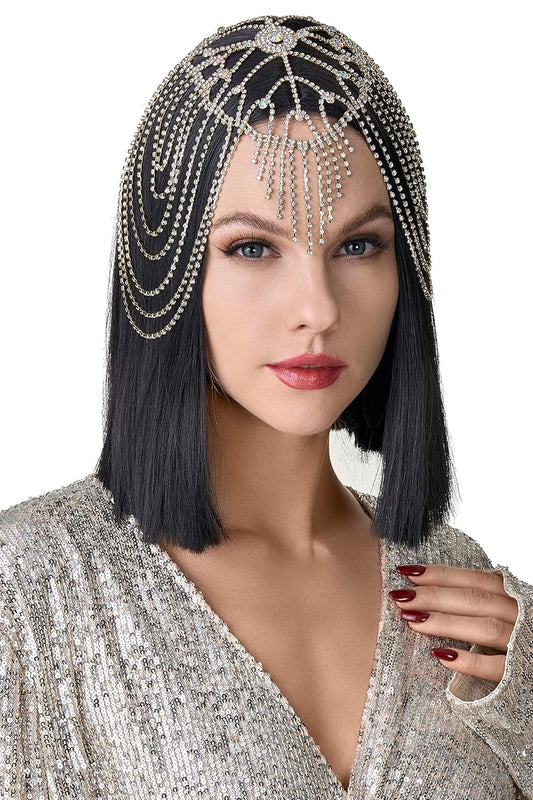 Vintage Style Roaring 20s Crystal Rhinestone Flapper Cap Headpiece Head Jewelry Chains