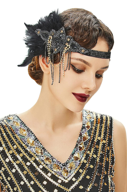 1920s Flapper Headpiece 20s Gatsby Black Feather Headband Roaring 20s Hair Accessories with Crystal Beads (Black Gold)