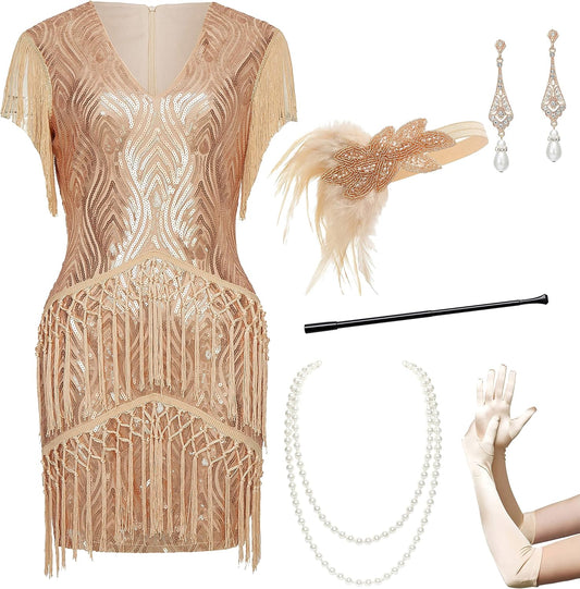 1920s Flapper Dress Long Fringed Gatsby Dress Roaring 20s Sequins Beaded Dress Vintage Art Deco Dress