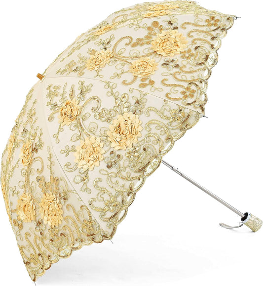 Lace Parasol Ultraviolet-Proof Folding Umbrella UPF50+ Vintage Flower Embroidery Umbrella for Wedding Party and Photo Shooting
