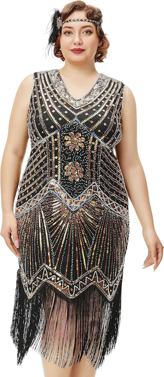 Women's Plus Size Flapper Dresses 1920s V Neck Beaded Fringed Great Gatsby Dress