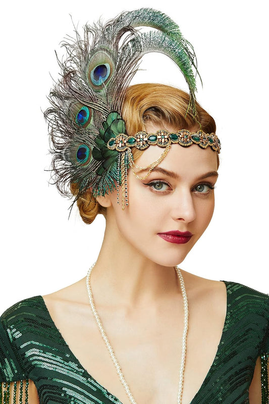 1920s Flapper Headband Peacock Feather Headpiece Gatsby Accessories for Women Sequined Showgirl Headpiece (Style-9)