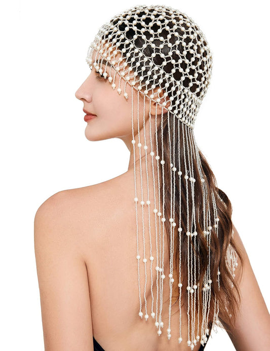 1920s Pearl Flapper Cap Headpiece Roaring 20s Gatsby Pearl Head Chain