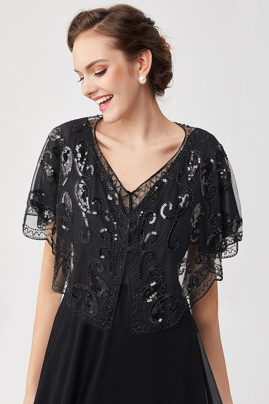 1920s Shawl Wraps Sequin Beaded Evening Cape Bridal Shawl Bolero Flapper Cover Up