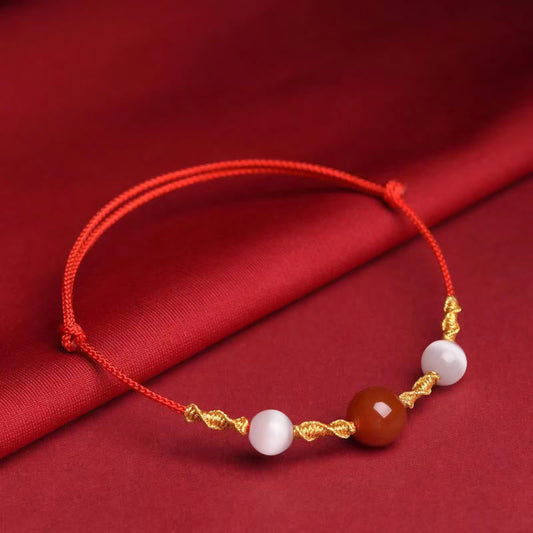 Ancient Tibetan Buddhist Red String Tradition Natural Red Agate Cat Eye Calm Braided String Bracelet Necklace Pendant