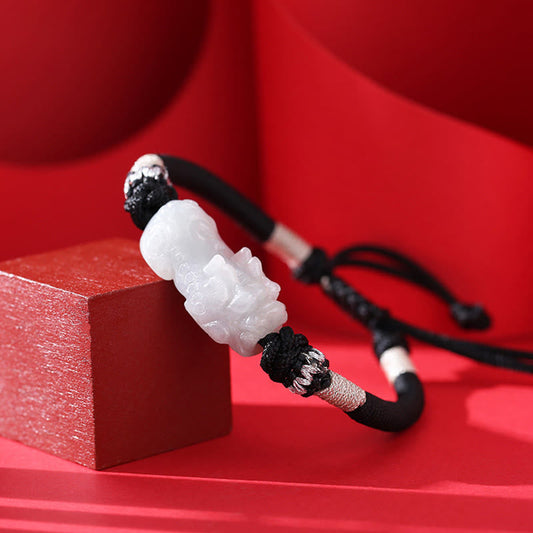 Ancient Tibetan Buddhist Red String Tradition Handmade Natural Jade PiXiu Luck Prosperity Braided String Bracelet