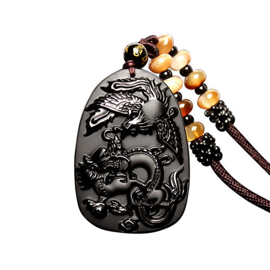 Spirituality Buddha Karma Black Obsidian Tiger Eye Dragon Phoenix Protection Beaded Necklace Pendant