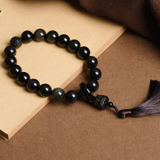 Spirituality Buddha Karma Natural Black Obsidian Lion Wrist Mala Protection Tassels Pocket Mala Car Decoration
