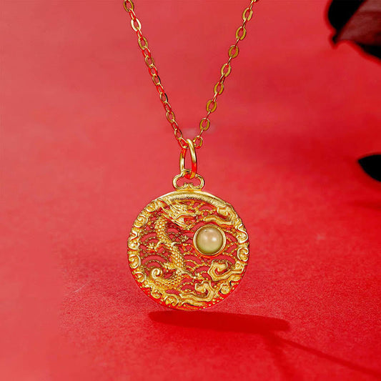Jade 925 Sterling Silver Year Of The Dragon Auspicious Clouds Hetian Jade Inlaid Luck Necklace Pendant