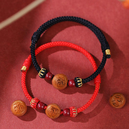 Ancient Tibetan Buddhist Red String Tradition Natural Peach Wood Chinese Zodiac Fu Character Carved Cinnabar Wealth Bracelet