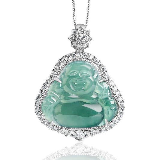 Buddha Energy Necklace 925 Sterling Silver Laughing Buddha Natural Jade Luck Abundance Chain Necklace Pendant
