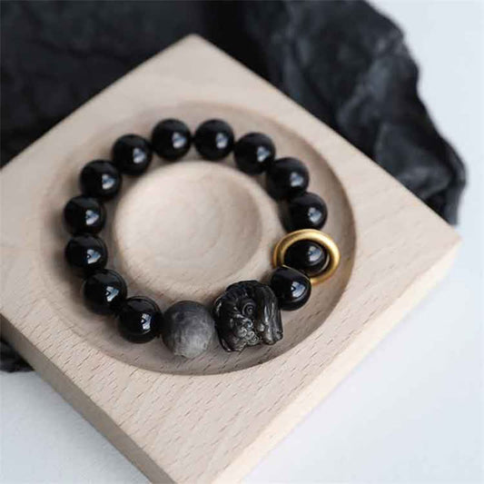 Spirituality Buddha Karma Black Obsidian Silver Sheen Obsidian Lion Strength Bracelet