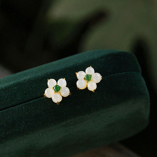 Jade White Jade Flower Luck Blessing Stud Earrings