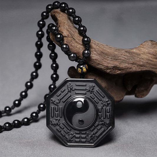 Spirituality Buddha Karma Black Obsidian Stone Yin Yang Pendant Necklace