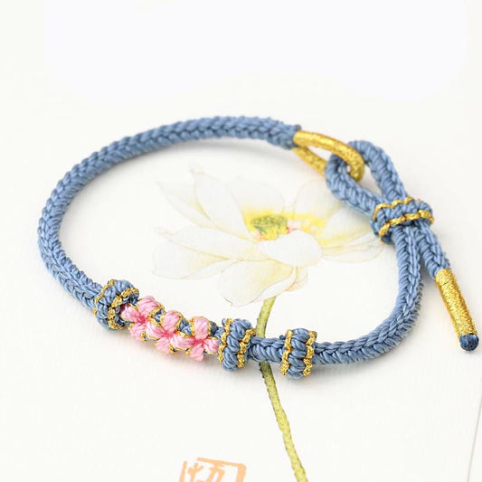 Ancient Tibetan Buddhist Red String Tradition Handmade Three Peach Blossoms Luck Eight Strands Braided String Bracelet