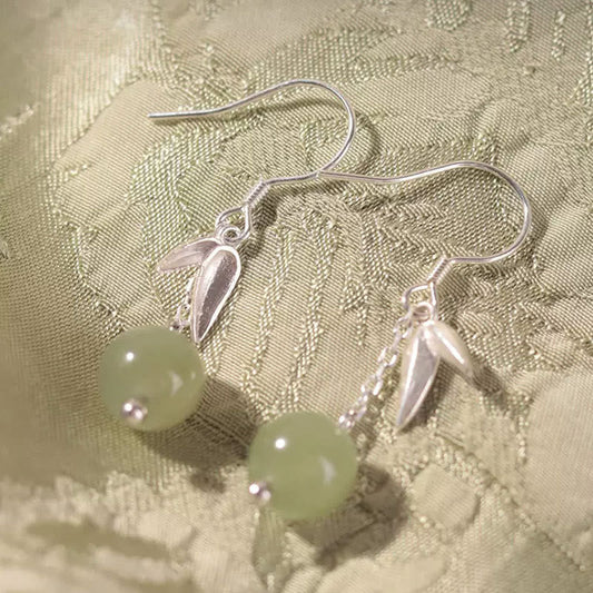 Jade 999 Sterling Silver Hetian Jade Bead Bamboo Leaf Luck Drop Dangle Earrings