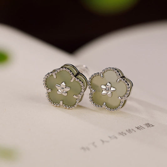 Jade 925 Sterling Silver Hetian Jade Plum Flower Luck Stud Earrings